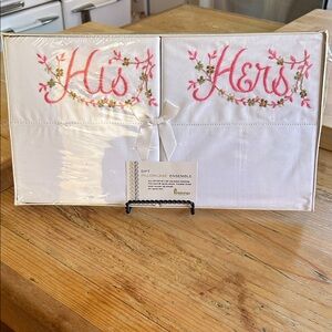 NOS Vintage Cotton His Hers Pillowcase Set New White Pink Embroidery